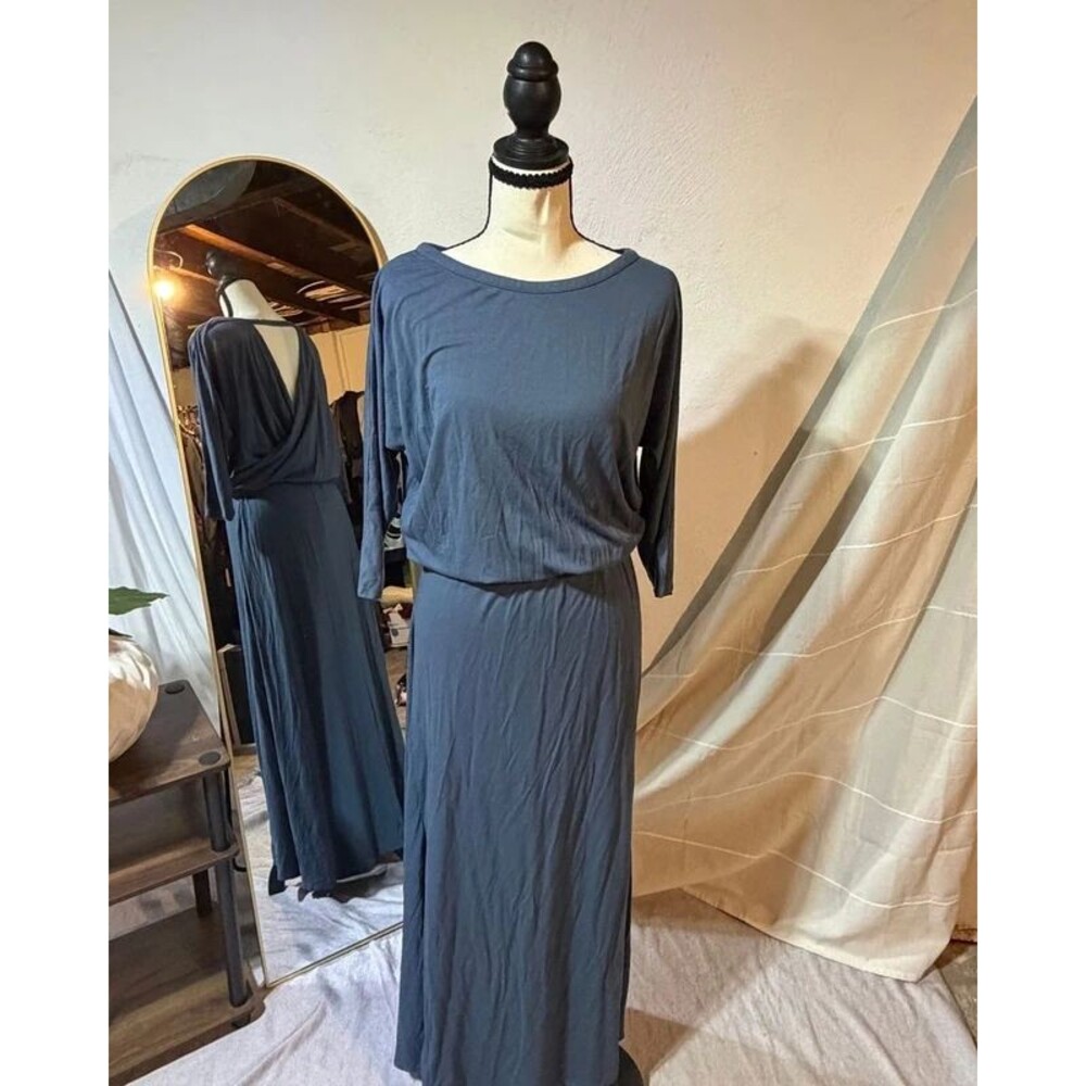 Soft Surroundings Slate Blue Maxi Dress Size XS Open Back Blouson Long Dress